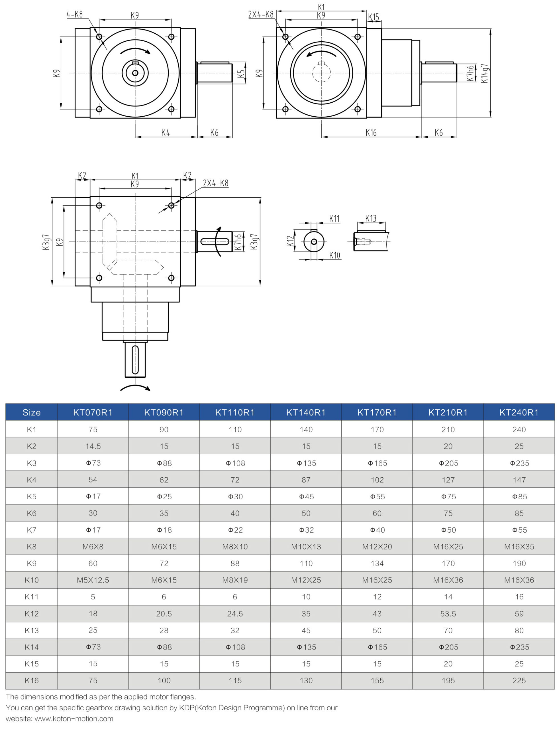 KT-R1 spiral bevel gearbox Dimensions