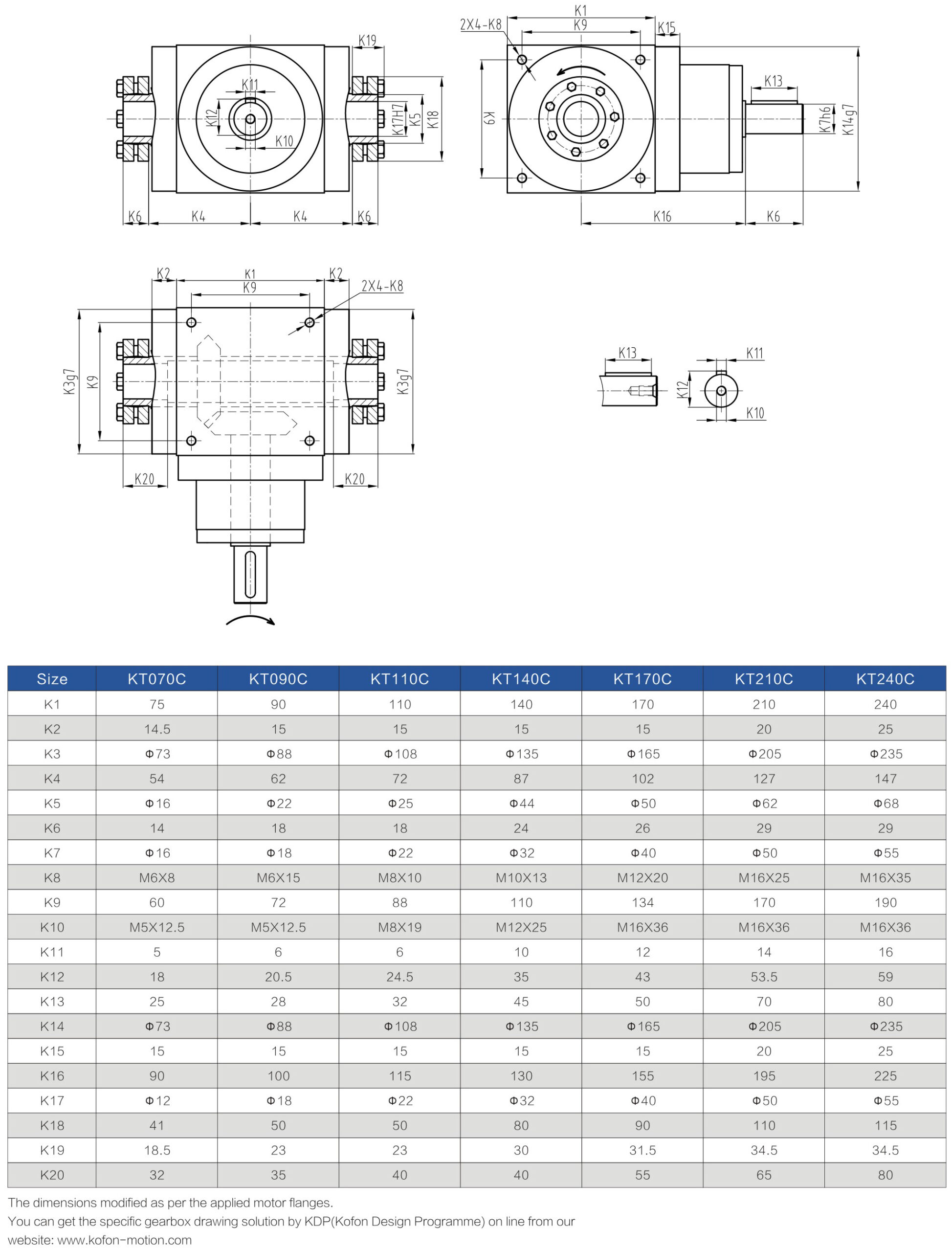 KT-C spiral bevel gearbox Dimensions