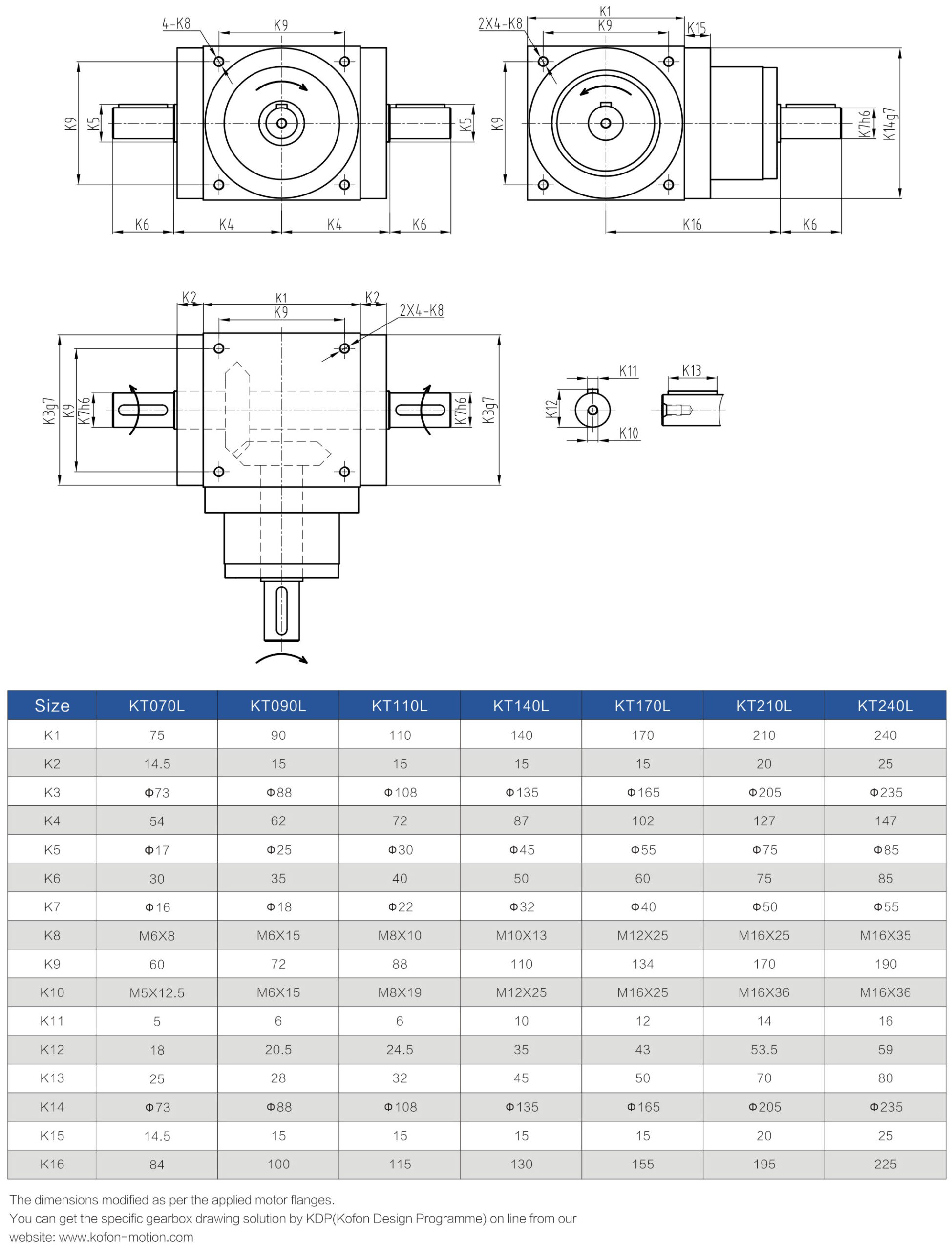 KT-L spiral bevel gearbox Dimensions